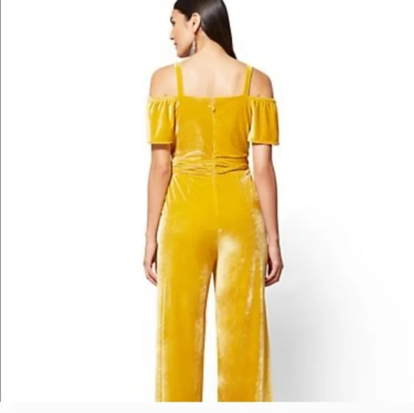New York & Company Mustard Velvet Jumpsuit - Picture 2 of 9